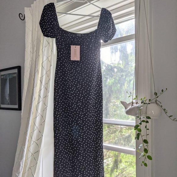 Black Polka Dot Ruched Bust Milkmaid Midi Dress - Picture 4 of 4